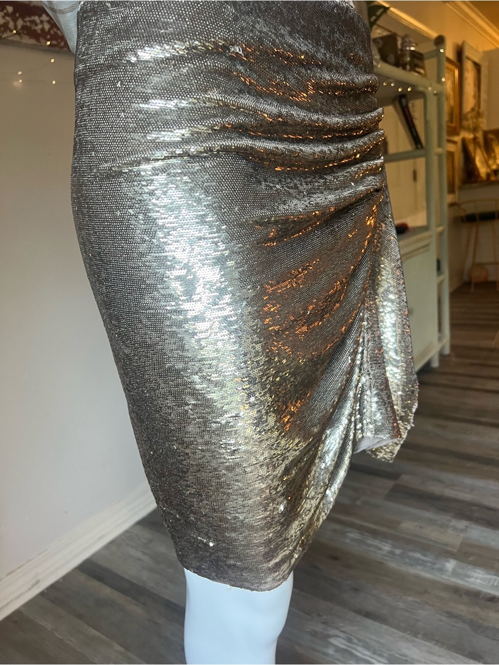 IRO Paris Saria 20S Gold Sequin Ruched Draped Pencil Skirt Designer Size 40 US L - Picture 5 of 12